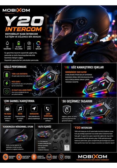 Y20 Motosiklet Kask Intercom Bluetooth Kulaklık Su Geçirmez, Rgb Işıklı, 25 Saat Kullanım, Hızlı Şarj