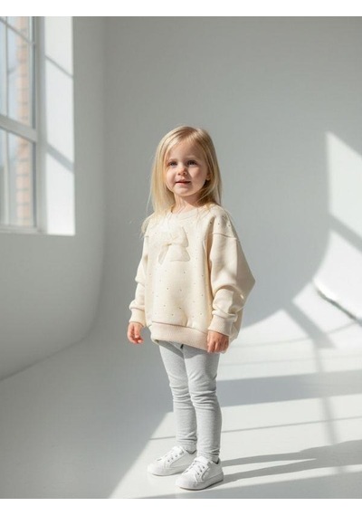 Zekids Kız Bebek Pamuklu Taşlı Fiyonk Detaylı Oversize Tasarım Sweatshirt-16558 Krem