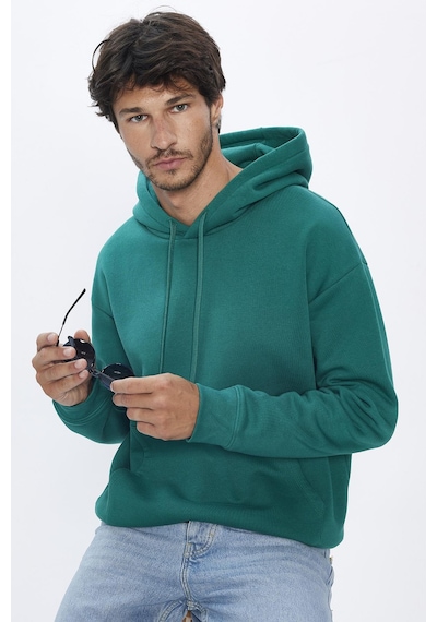 Tudors Unisex Oversize Geniş Kesim Pamuklu Yumuşak Dokulu İçi Polarlı Basic Yeşil Kapüşonlu Sweatshirt-31458-yeşil Yeşil