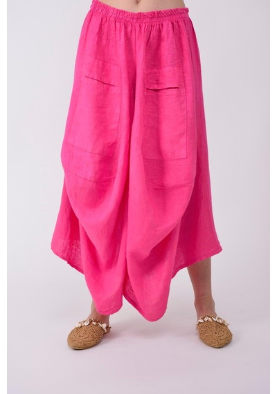 Bohem Stil İtalyan Cepli Keten Şalvar Pantolon 36-48 Beden Arası -8746 Pembe