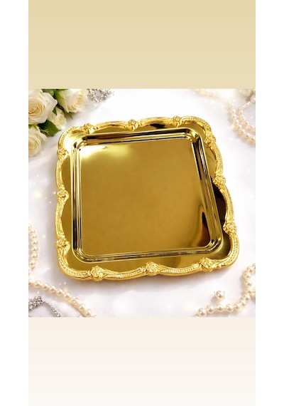 Gold Üzeri Gold Gül Figürlü Sunum Tepsisi Tek Kişilik Dekoratif Kare Servis Kahve Çay Tepsisi