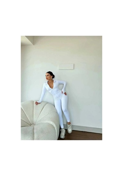 Winmoda34 Kadın Dalgıç Tulum Uzun Kollu Parmak Geçirme Detaylı Spor Tulumu Beyaz