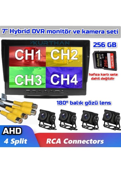 7'' Hybrid Dvr Ekran 4 Adet 180 Derece Balık Gözü Lens Geniş A...