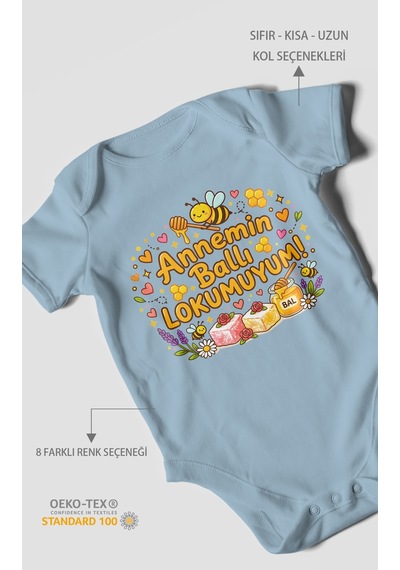 Morivokids Annemin Ballı Lokumuyum Kısa Kollu Bebek Body %100 Pamuk Bebe Mavisi