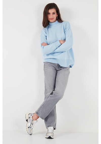 Lela Premium Oversize Fit Balıkçı Yaka Yumuşak Dokulu Triko Bayan Kazak 680Kz00469 Bebe Mavi