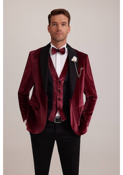 Ysf Erkek Bordo Şal Yaka Yelekli Slim Fit Damatlık