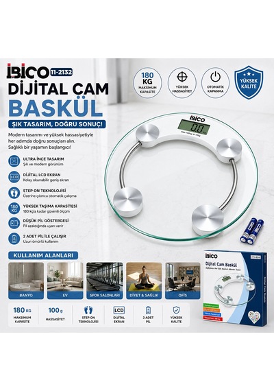 Dijital - Pilli Yuvarlak Banyo Baskül Terazi Tartı Lcd Ekran 180kg/0.1g 30x30cm İ11-026 5580