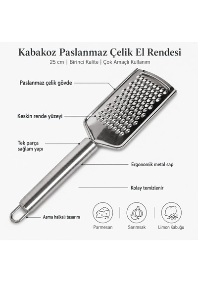 Paslanmaz Çelik El Rendesi, Metal Rende, Sarımsak Ezici Doğrayıcı 25 Cm, Mutfak Seti, Premium Kalite, Tek Parça Ya