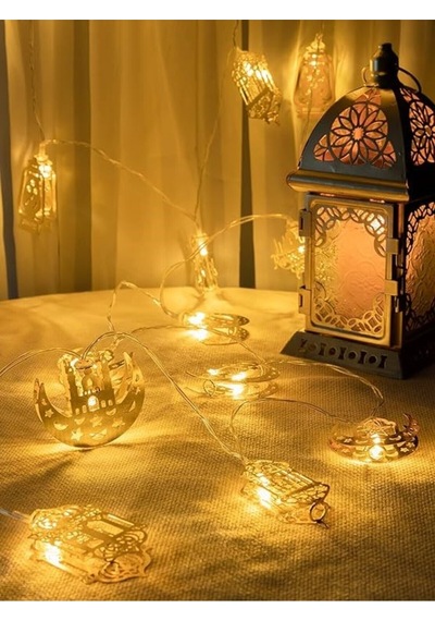 Ramazan Konsept Süsleme Pilli Led Işık 10lu Gold Metal Kandil Ay Yıldız Minare Karışık Işık Zinciri Gold