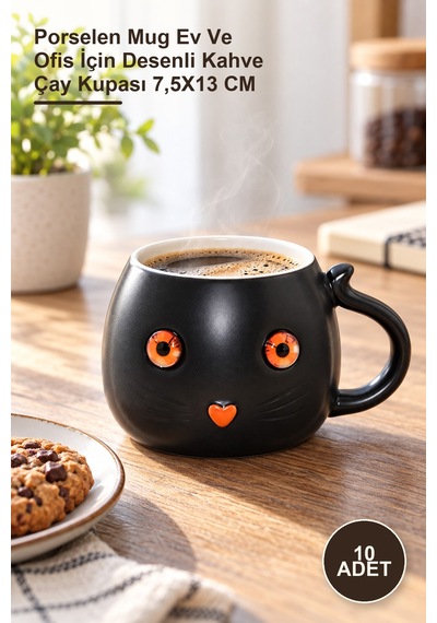 10 Adet Porselen Kedili Kupa Bardak Porselen Mug Ev Ve Ofis İçin Desenli Kahve Çay Kupası 7,5x13 Cm 1