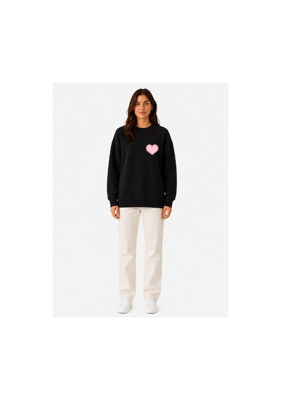 Herkesemoda Minimal Kalp Baskı Detaylı Şardonlu 2 İplik Bisiklet Yaka Sweatshirt Siyah