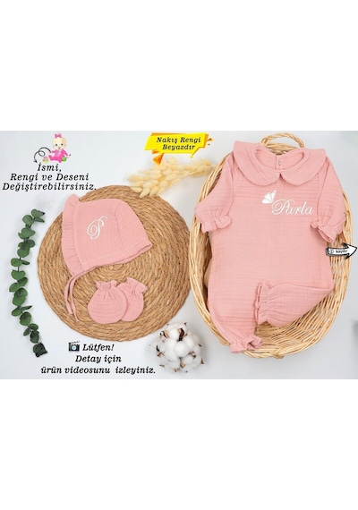 Gros Shop 4 Katlı Müslin 3'lü Hastane Çıkış Mevlüt Seti %100 Pamuk Organik Kişiye Özgü İsimli Nakış Desenli Pembe