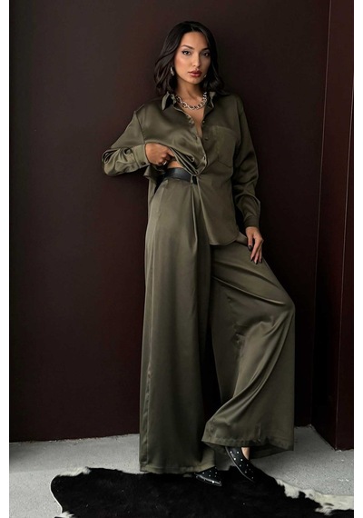 Verymoda Yüksek Bel Bol Paça Saten Pantolon Şık Ve Rahat Tasarım F2052 Haki