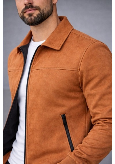 Baselco Basic Slim Fit Polo Yaka Süet Ceket Taba