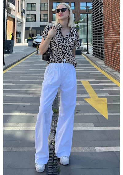 Madmext Ekru Leopar Desenli Kısa Kollu Kadın Gömlek Mg2098-ekru Ekru