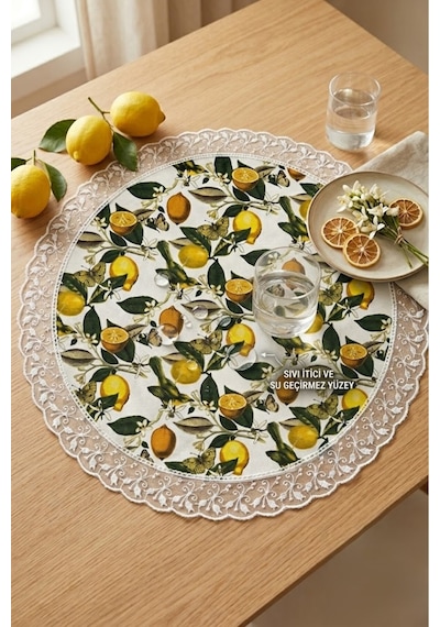Limon Desenli Sıvı Geçirmez Runner - Güpürlü Leke Tutmaz Mutfak Masası Örtüsü Sarı