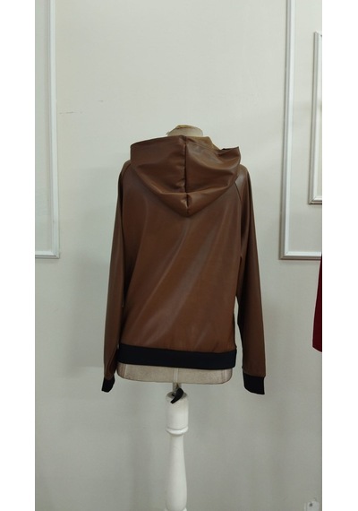 Bhrwear Kadın Uzun Kollu Kapşonlu Cepli Şardonlu Deri Bluz Renkli