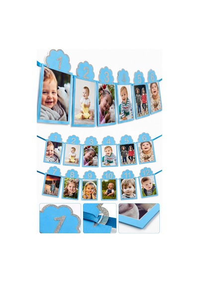 12 Aylık Fotoğraf Çerçevesi Mavi 200x23 Cm 1 Yaş Doğum Günü Parti Süsü Aylık Bebek Fotoğraf Seti Diğer