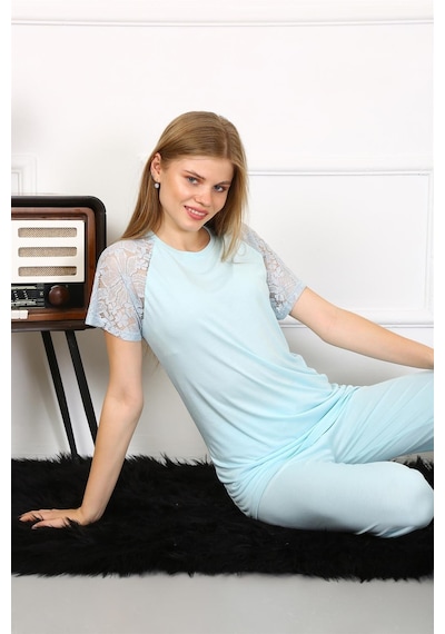 Akbeniz Kadın Kolu Dantelli Penye Pijama Takım 4151 - S Su Yeşili