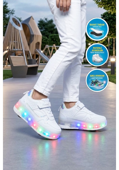 Beyaz Cırtlı Ortopedik Işıklı Unisex Çocuk Patenli Spor Ayakkabı Glow F