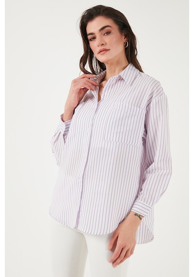 Lela Regular Fit Uzun Kollu Çizgili Bayan Gömlek 6772875 Lila