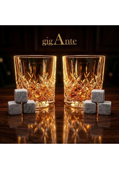 Tr Gigante Deluxe Bohemia Kristal Viski Bardağı Seti, 320 Ml, 2 Bardak Ve 6 Mermer Viski Taşı, Kristal Kesim Desen, Diğer