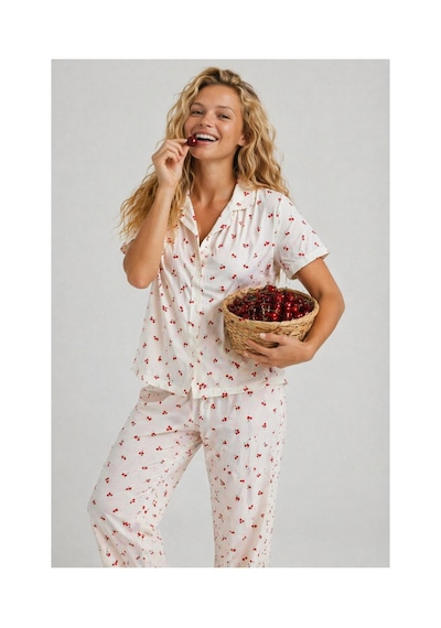 Rindahomewear Pamuklu Örme Kumaş Kiraz Desenli Düğmeli Pijama Takım Kiraz Desenli