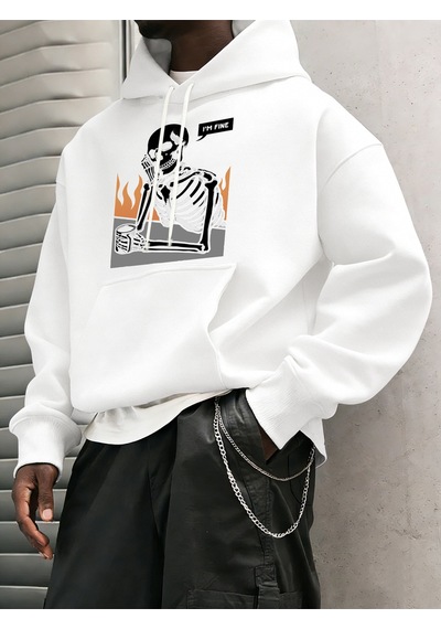 Startmore Startmoreı'm Fine İskelet Baskılı Erkek Basic Kapüşonlu Üstleri Hip Hop Bol Sweatshirtler Günlük Polar Beyaz
