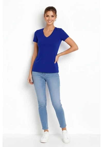 De'charme T-shirt V Yaka Slim Fit Likralı Tişört Günlük Basic Body - İndigo