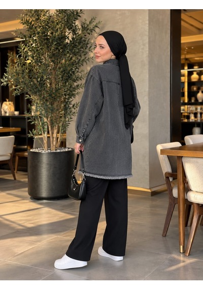 Esra Butik78 Kot Ceket Desenli, Düğmeli, Büyük Beden Uyumlu Füme