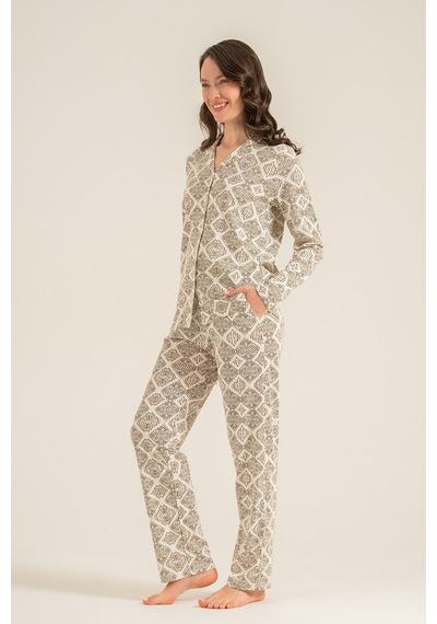 Pierre Cardin Kadın Desenli Krem Gömlek Pijama Takımı Pc9276-s-v1 Pc9276-s-v1