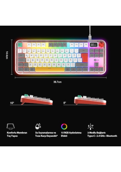 Lecoo Gk302 Üç Modlu Rgb Kablosuz 85 Tuşlu Türkçe Q Membran Oyuncu Klavyesi Beyaz Gri