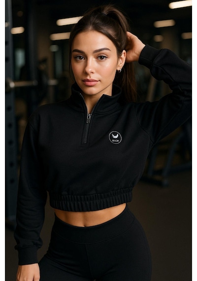 Kadın Fermuar Yaka Detaylı Crop Lastikli Rahat Kalıp Sweatshirt Çok Renkli