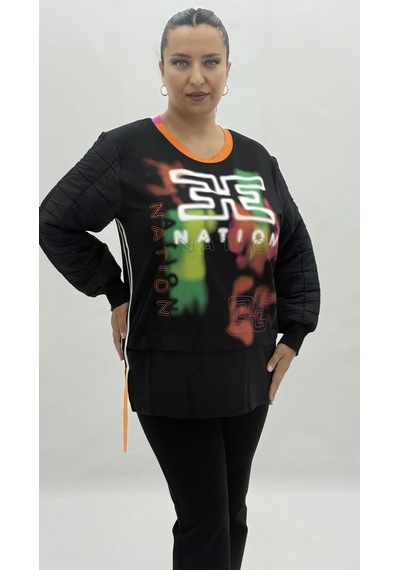 Büyük Beden Grafikli Viskon Uzun Kol Oversize Kadın Sweatshirt Siyah