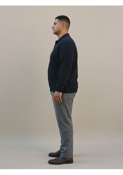 Maccali Erkek Siyah Büyük Beden Polo Yaka Battal Sweatshirt