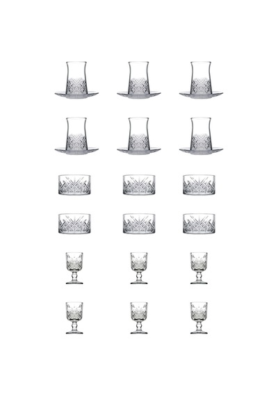 Timeless Heybeli Model 24 Parça Set Çay Bardağı Çay Tabağı Çerezlik Ayaklı Su/likör Bardağı Şeffaf