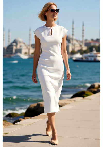 Benerly Kadın Midi Bodycon Elbise Melek Kol Bisiklet Yaka Astarlı Esnek D Ekru