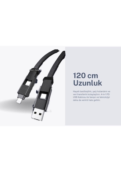 Cosmostech 4 in 1 Pd Apple iPhone Uyumlu USB Şarj Data Kablosu 100W 3A Hızlı Şarj, 480MB/S, Type C,Xiaomi, Huawei