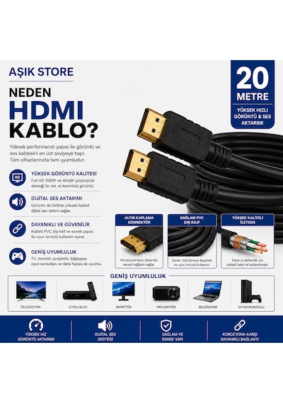 Hdmı Kablo 20 Metre Full Hd 1080p 4kx2k Yüksek Hızlı Görüntü Ve Ses Aktarım Kablosu Altın Kaplama Konnektör Pvc Dış Kılıf