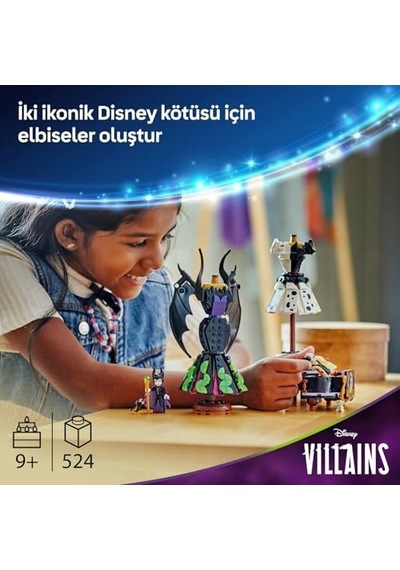Kötüleri Malefiz'in Ve Cruella De Vil'in Elbiseleri 43262-9 Yaş Üzeri Kız Ve Erkek Çocuklar İçin Sergileme Standı, 2 Mini Bebek Ve 2 Hayvan Figürü İçeren Oyuncak Yapım Seti 524 Parça