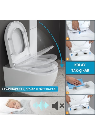Aqua Bagno Cocon 2.0 Kanalsız Asma Klozet 49 Cm Yavaş Kapanır Kapaklı 2 Parça Set Beyaz Beyaz