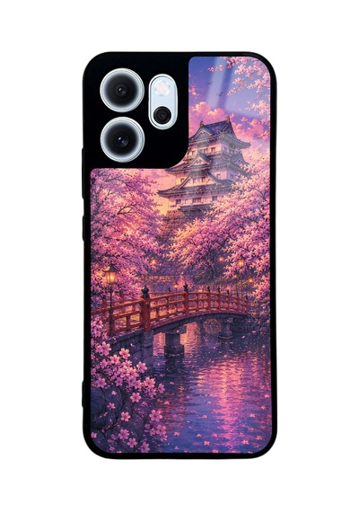 Oppo Reno 14f Sakura Castle Twilight Tasarımlı Glossy Telefon Kılıfı Pembe