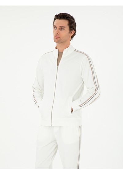 Ekru Regular Fit Tam Fermuarlı Sweatshirt Bej
