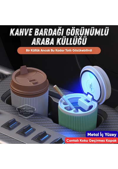 Üniversal Kahve Bardağı Görünümlü Led Işıklı Yanmaz Koku Geçirmez Oto Küllük Dumansız Sızdırmaz Kapaklı Araç İçi Küllük Araba Küllüğü Yeşil Beyaz