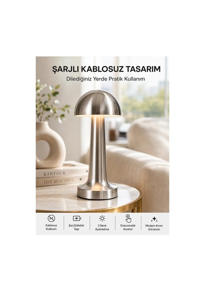 Şarjlı Kablosuz Mantar Masa Lambası Dokunmatik 3 Renk Led Modern Tasarım Yeni Nesil Düz Renkli