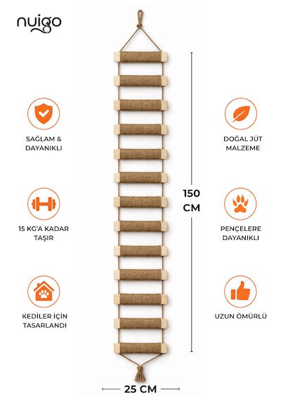 Ahşap Kedi Tırmanma Merdiveni Ve Duvar Köprüsü - Jüt İpli, 13 Basamak, 150 Cm