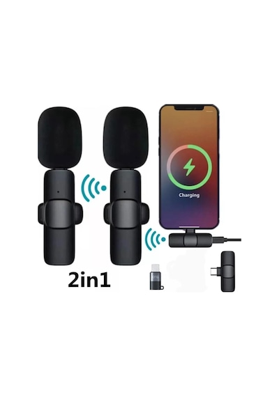 K9 2li Type-c + Lightning Dönüştürücülü Kablosuz Yaka Mikrofonu 2li