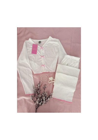 Mh Moony Homewears Ruzova Kurdele Detaylı Crop Uzun Kol Üst Pijama Takımı Pembe