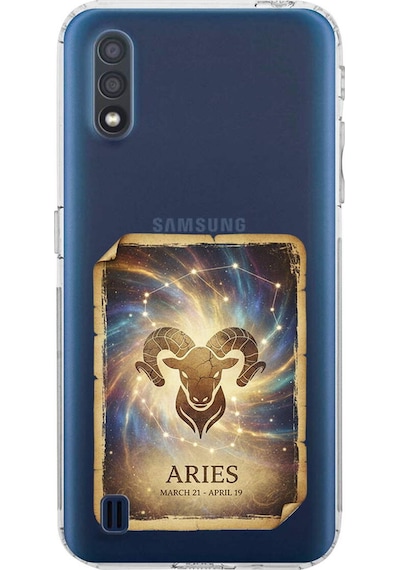 Samsung Galaxy A01 İle Uyumlu Burç Kartları Koç Tasarımlı Şeffaf Silikon Kılıf Şeffaf