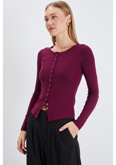 Fullamoda Önü Çıtçıtlı Ribanalı Slim Fit Bluz Mürdüm